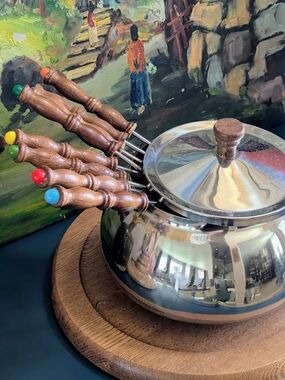Stainless Steel Fondue Pot with Teakwood Base And Pokers